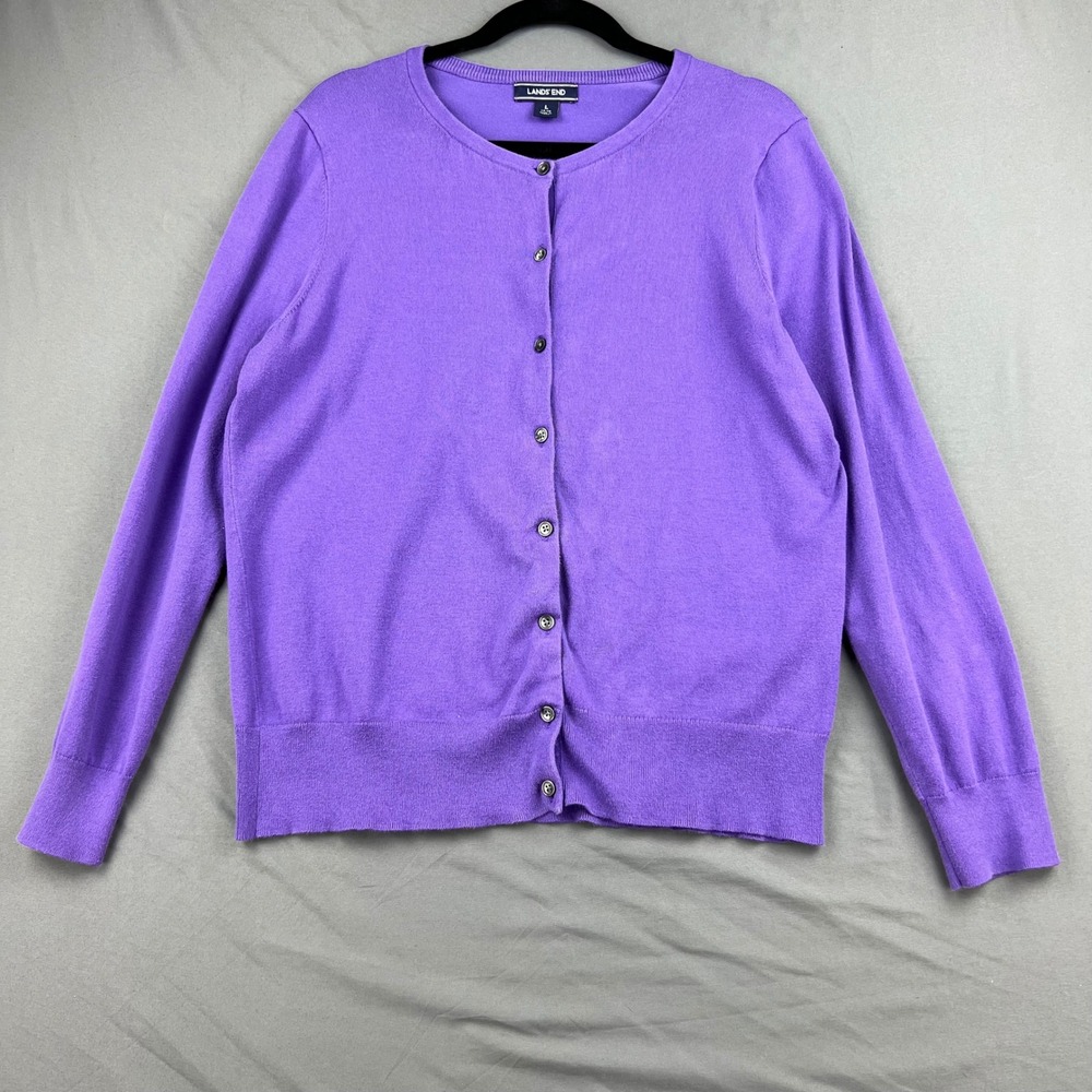 Lands' End Cardigan Sweater Womens L 14-16 Purple Button Front Crew Neck Good